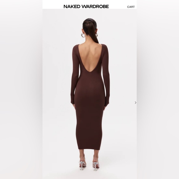 Naked Wardrobe Backless Dress Chocolate Brown Small Sexy Soft Longsleeve Stretch - Picture 2 of 13
